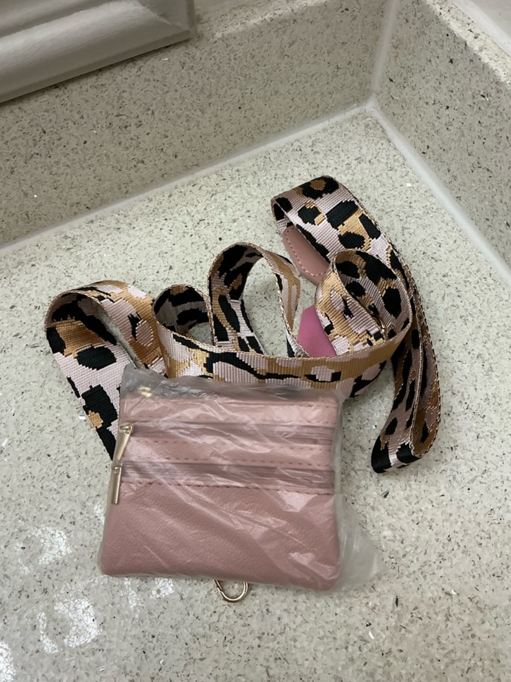 Pink Crossbody Phone Pouch with Leopard Print Strap
